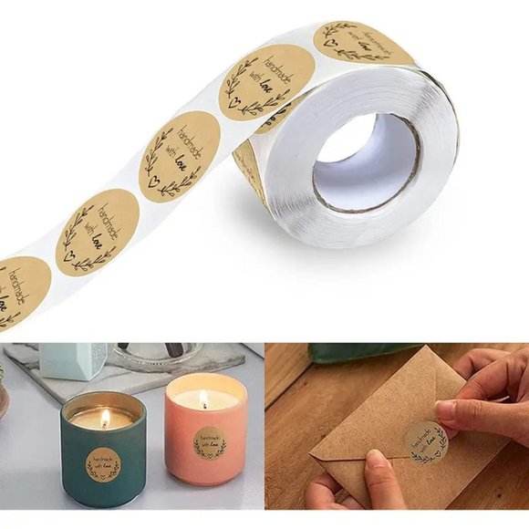 NEW 500pcs/roll Handmade With Love Stickers Branches - Dark Brown Kraft Labels - Picture 2 of 5